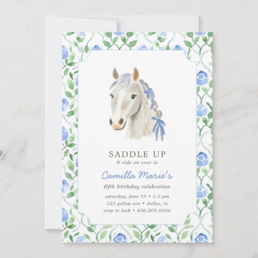 ガールズサドルアップ名門私立校風のポニーホーストイレ誕生日 招待状 (正面)