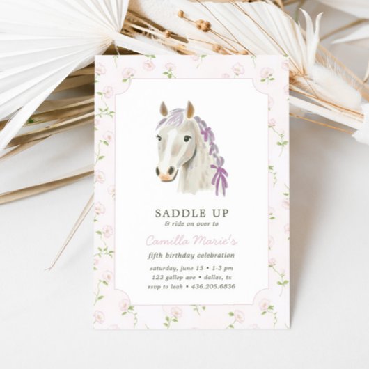ガールズサドルアップ名門私立校風のポニーホースピンク誕生日 招待状