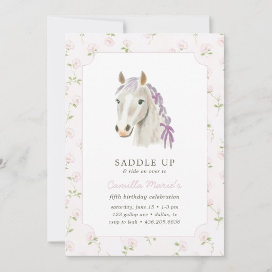 ガールズサドルアップ名門私立校風のポニーホースピンク誕生日 招待状 (正面)