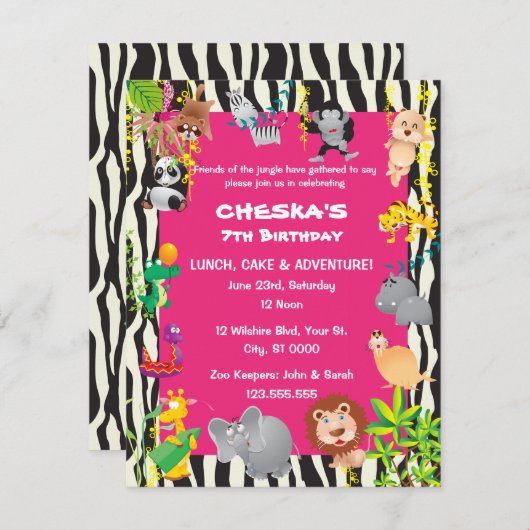 ガールズサファリテーマ – キッズバースデーパーティー招待状 招待状 (正面/裏面)