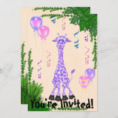 ガールズサファリパープルキリン誕生日招待状 招待状 (正面/裏面)