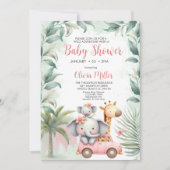 ガールズサファリ動物フローラ熱帯赤ちゃんシャワー 招待状 (正面)