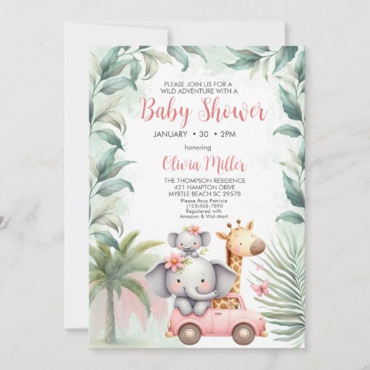 ガールズサファリ動物フローラ熱帯赤ちゃんシャワー 招待状