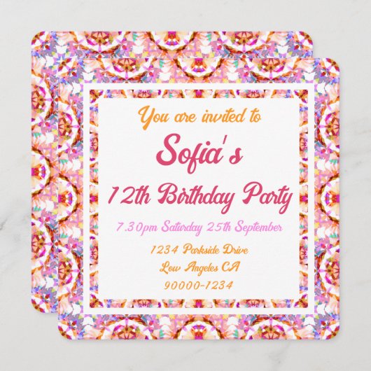 ガールズサマーかわいらしピンクグリーンパープル誕生日 招待状 (正面/裏面)