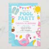 ガールズサマーカラフルプールパーティー誕生日 招待状 (正面/裏面)