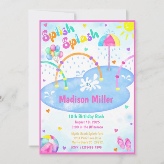 ガールズサマースプラッシュパークバースデーパーティーの招待 招待状 (正面)