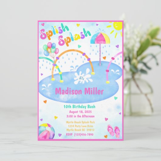 ガールズサマースプラッシュパークバースデーパーティーの招待 招待状 (スタンド正面)