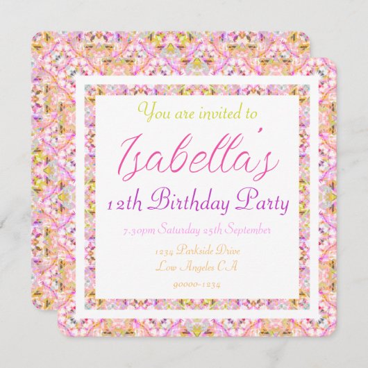 ガールズサマーピかわいらしンク春グリーン誕生日 招待状 (正面/裏面)