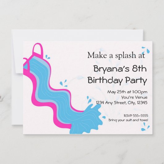 ガールズサマープールピンクウォーターのスライドパーティー 招待状 (正面)