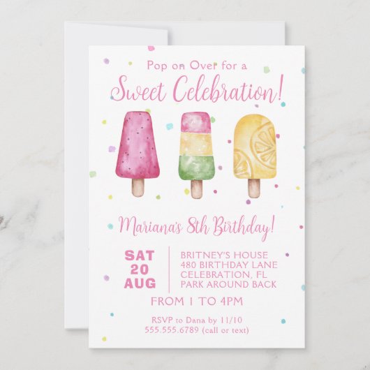ガールズサマーポップシクルバースデーパーティー 招待状 (正面)