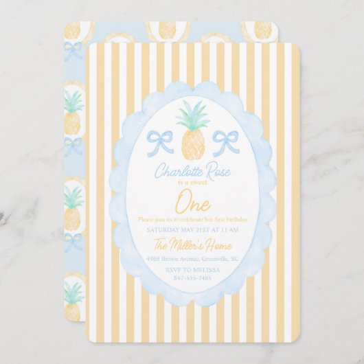 ガールズサマー名門私立校風のパイナップルファースト誕生日 招待状 (正面/裏面)