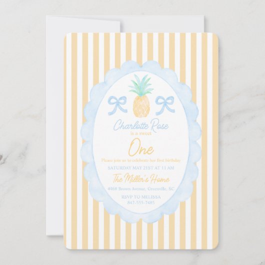 ガールズサマー名門私立校風のパイナップルファースト誕生日 招待状 (正面)