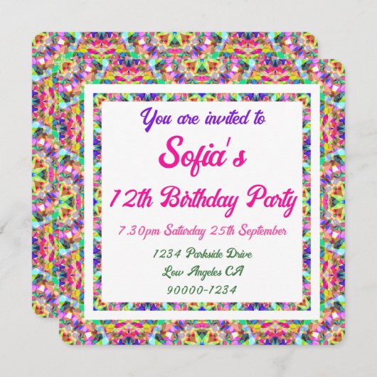 ガールズサマー鮮やかグリーンブライトパープル誕生日 招待状 (正面/裏面)