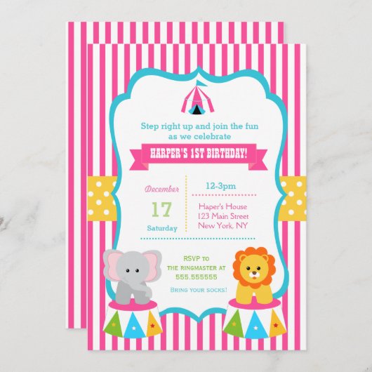 ガールズサーカスカーニバルバースデーパーティ招待状 招待状 (正面/裏面)