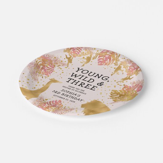 ガールズサードバースデーパーティーピンク金ゴールドサファリ ペーパープレート (アングル)