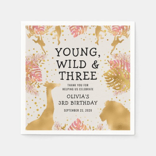 ガールズサードバースデーパーティーピンク金ゴールドベージュ色サファリ スタンダードカクテルナプキン (正面)
