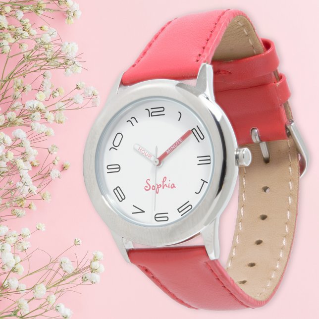 ガールズシモダンックトレンディーレッドクール名前をカスタムするキッズ 腕時計 (Girls Modern Chic Trendy Cool Red Custom Name Kids Watch)