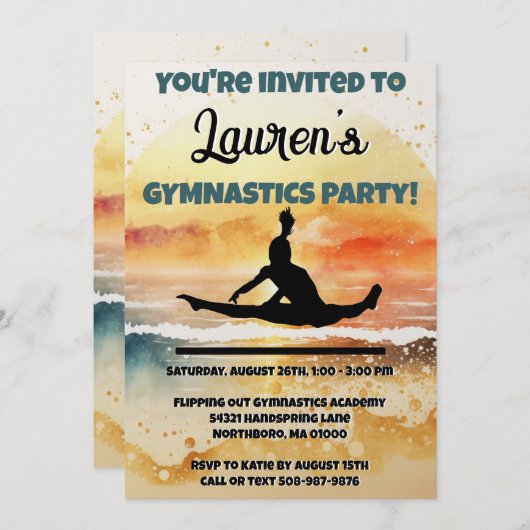 ガールズジムティックスサンセットビーチ誕生日 招待状 (正面/裏面)