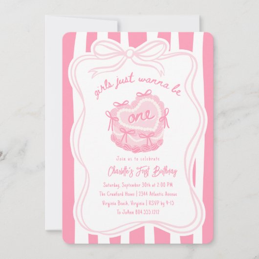 ガールズジャストワンケーキヴィンテージ誕生日 招待状 (正面)