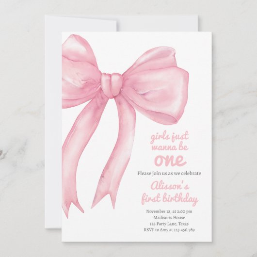 ガールズジャストワンズワンピンクボウコケット誕生日 招待状 (正面)