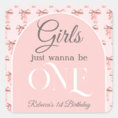 ガールズジャストワンピンクボウファースト誕生日 スクエアシール (正面)