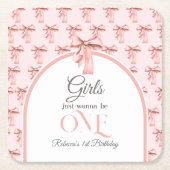 ガールズジャストワンピンクボウファースト誕生日 スクエアペーパーコースター (正面)