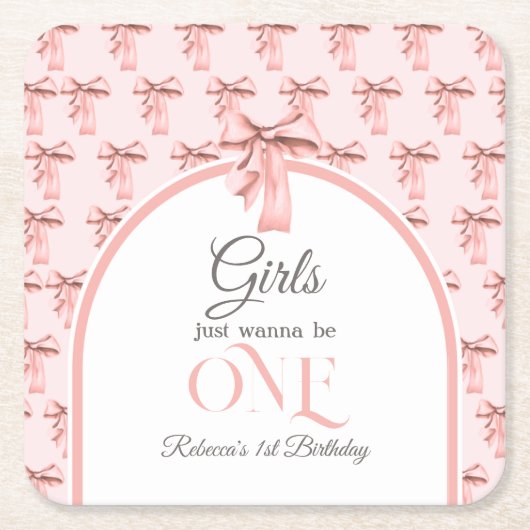 ガールズジャストワンピンクボウファースト誕生日 スクエアペーパーコースター (正面)