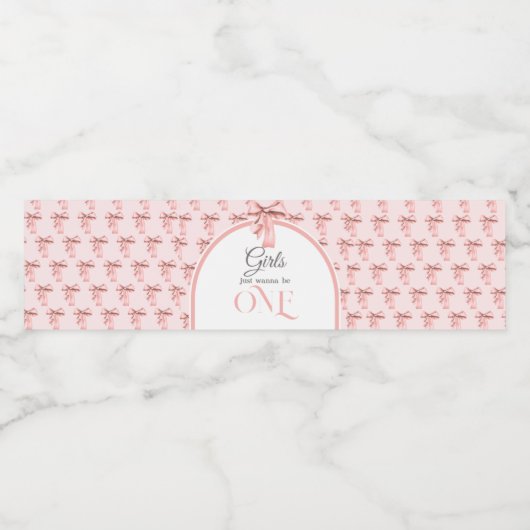 ガールズジャストワンピンクボウファースト誕生日 ペットボトルラベル (シングルラベル)