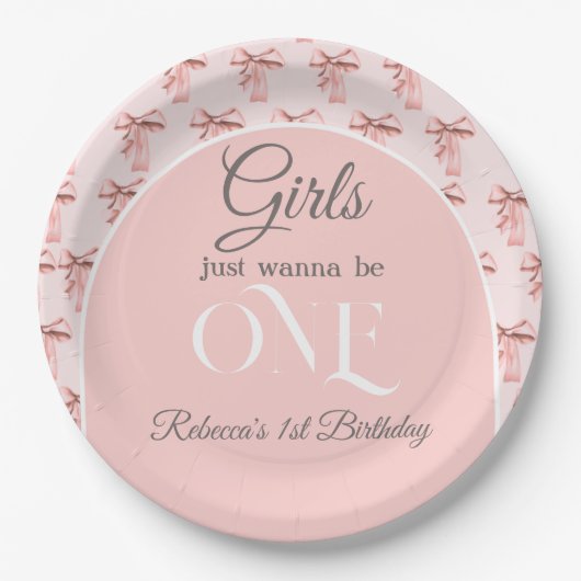 ガールズジャストワンピンクボウファースト誕生日 ペーパープレート (正面)