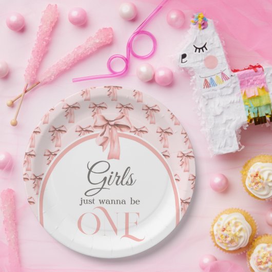 ガールズジャストワンピンクボウファースト誕生日 ペーパープレート (パーティー)