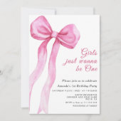 ガールズジャストワンピンクボウファースト誕生日 招待状 (正面)
