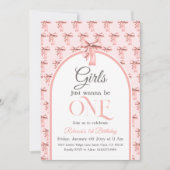 ガールズジャストワンピンクボウファースト誕生日 招待状 (正面)