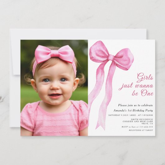 ガールズジャストワンピンクボウファースト誕生日 招待状 (正面)
