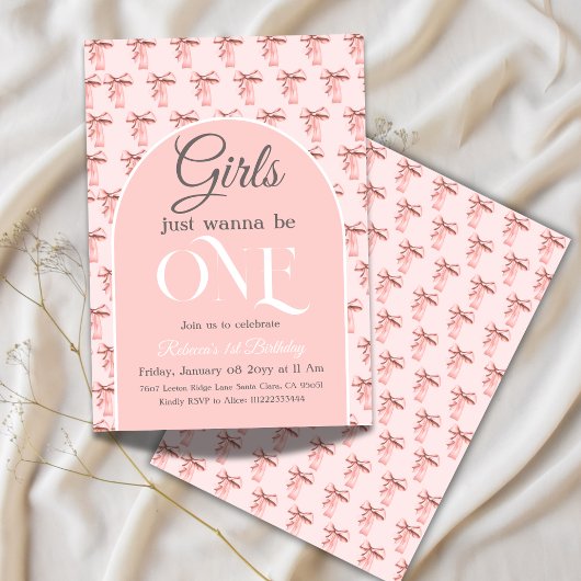 ガールズジャストワンピンクボウファースト誕生日 招待状
