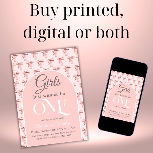 ガールズジャストワンピンクボウファースト誕生日 招待状