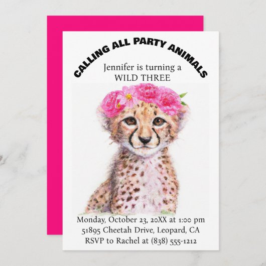 ガールズジャングルサファリアニマルズベビーチーター誕生日 招待状 (正面/裏面)