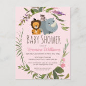 ガールズジャングルサファリピンクベビーシャワー招待状 ポストカード (正面)