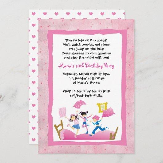 ガールズジャンピングオンベッドスリーポバースランバーパーティー 招待状 (正面/裏面)