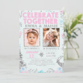 ガールズジョイント/ツインズ冬をテーマにした誕生日 招待状 (スタンド正面)