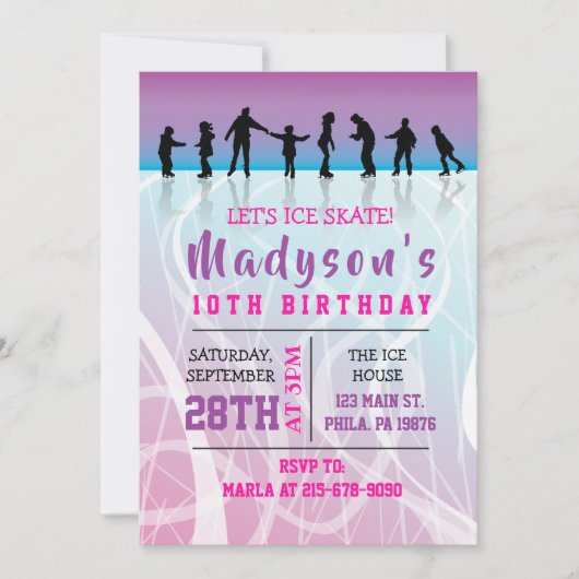 ガールズスケートアイススケートで滑る誕生日パーティーの招待 招待状 (正面)