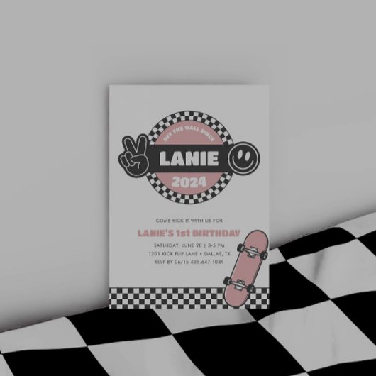 ガールズスケー市松模様にボードグルーヴィーヒッピー誕生日 招待状