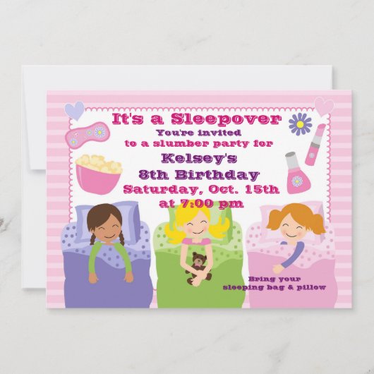 ガールズスランバーパーティースリーパーパジャマ招待状 招待状 (正面)