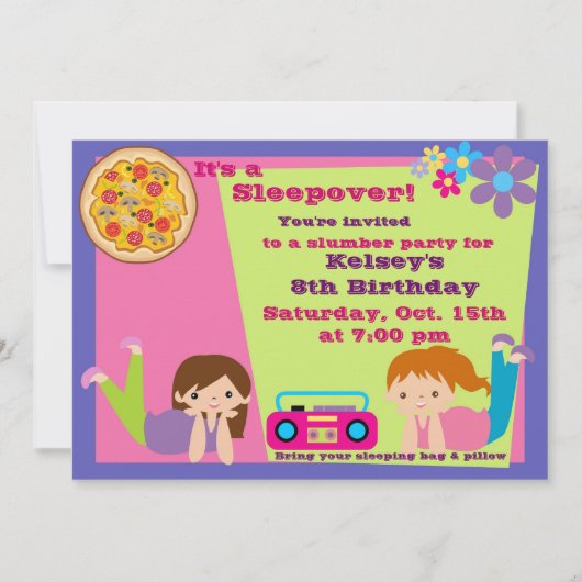 ガールズスランバーパーティースリーパーパジャマ招待状 招待状 (正面)