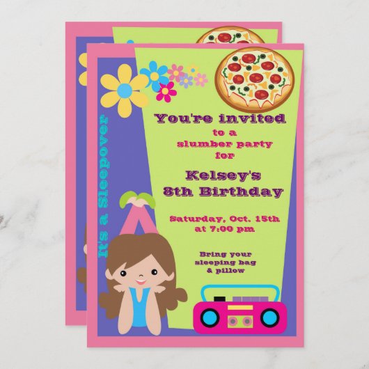 ガールズスリープオーバーパジャマスランバーパーティの招待状 招待状 (正面/裏面)
