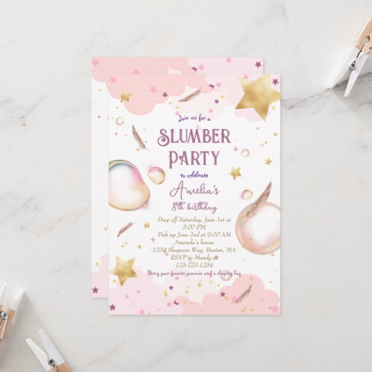 ガールズスリーポバーパステルピンクスランバーバースデーパーティー 招待状 (正面/裏面インサイチュ)