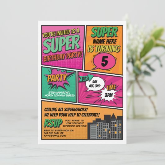 ガールズスーパーヒーロー招待状パーティーピンク漫画 招待状 (スタンド正面)