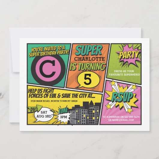 ガールズスーパーヒーロー招待状ピンクパーティー招待状 招待状 (正面)