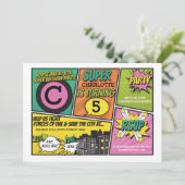 ガールズスーパーヒーロー招待状ピンクパーティー招待状 招待状 (スタンド正面)