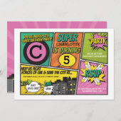 ガールズスーパーヒーロー招待状ピンクパーティー招待状 招待状 (正面/裏面)