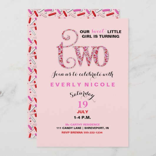 ガールズセカンド誕生日レッドピンクスプリンクル 招待状 (正面/裏面)